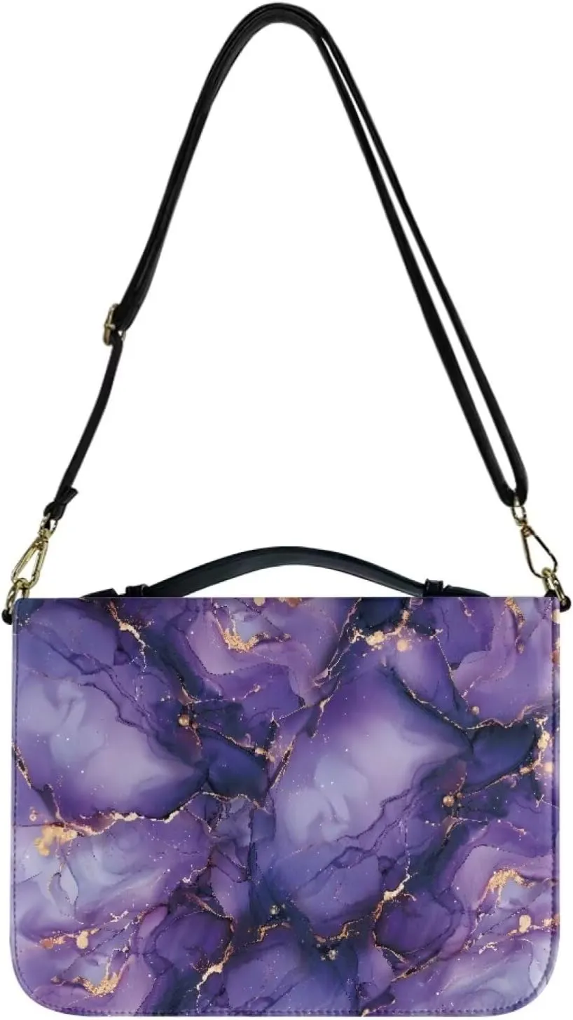 Bible Cover for Women Bible Carrying Bag, PU Leather Bible Tote Bags Scripture Bag Church Bag Bible Protective with Detachable Shoulder Strap,Purple Marble,L