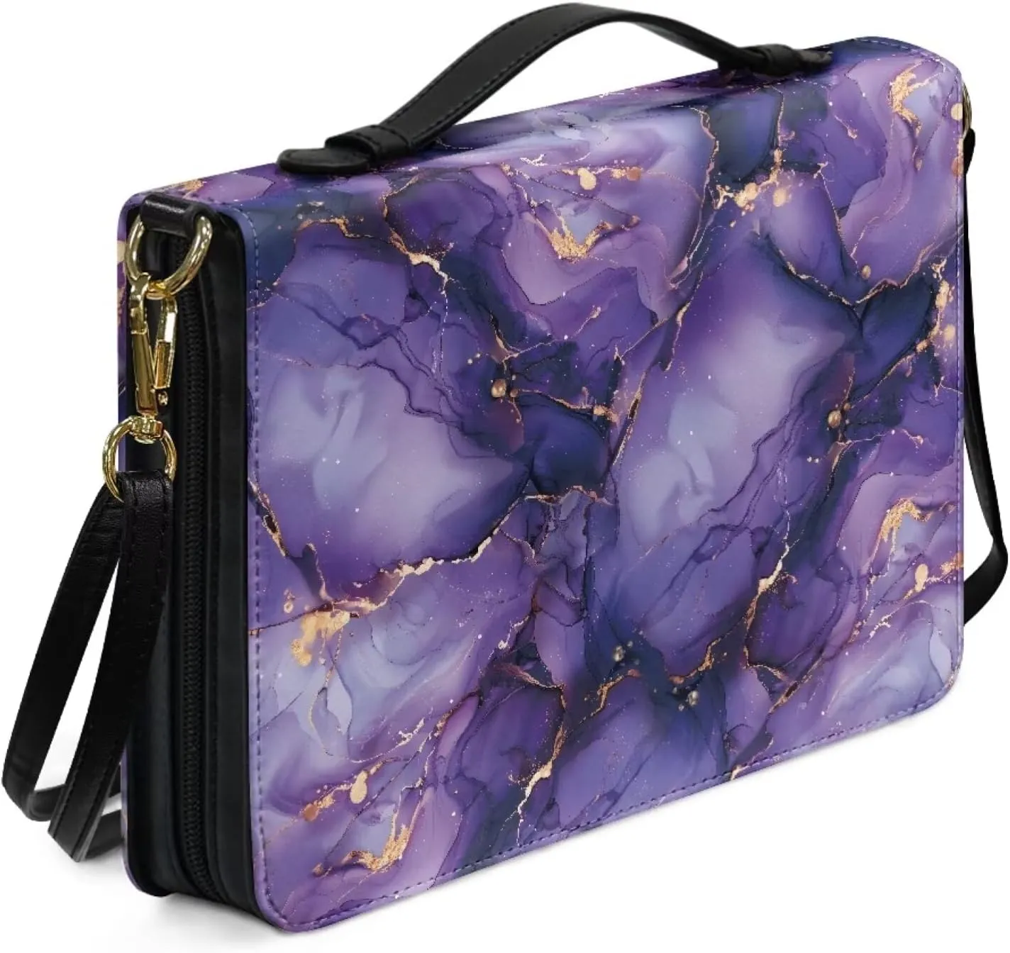Bible Cover for Women Bible Carrying Bag, PU Leather Bible Tote Bags Scripture Bag Church Bag Bible Protective with Detachable Shoulder Strap,Purple Marble,L