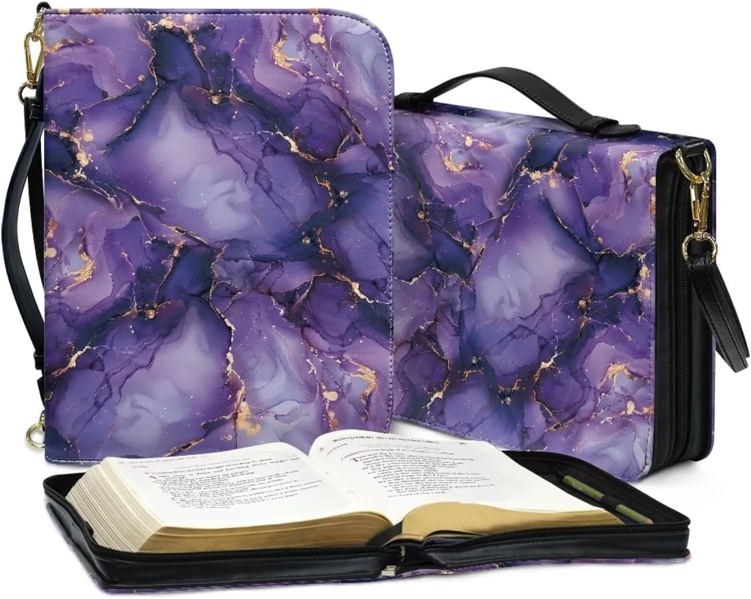 Bible Cover for Women Bible Carrying Bag, PU Leather Bible Tote Bags Scripture Bag Church Bag Bible Protective with Detachable Shoulder Strap,Purple Marble,L