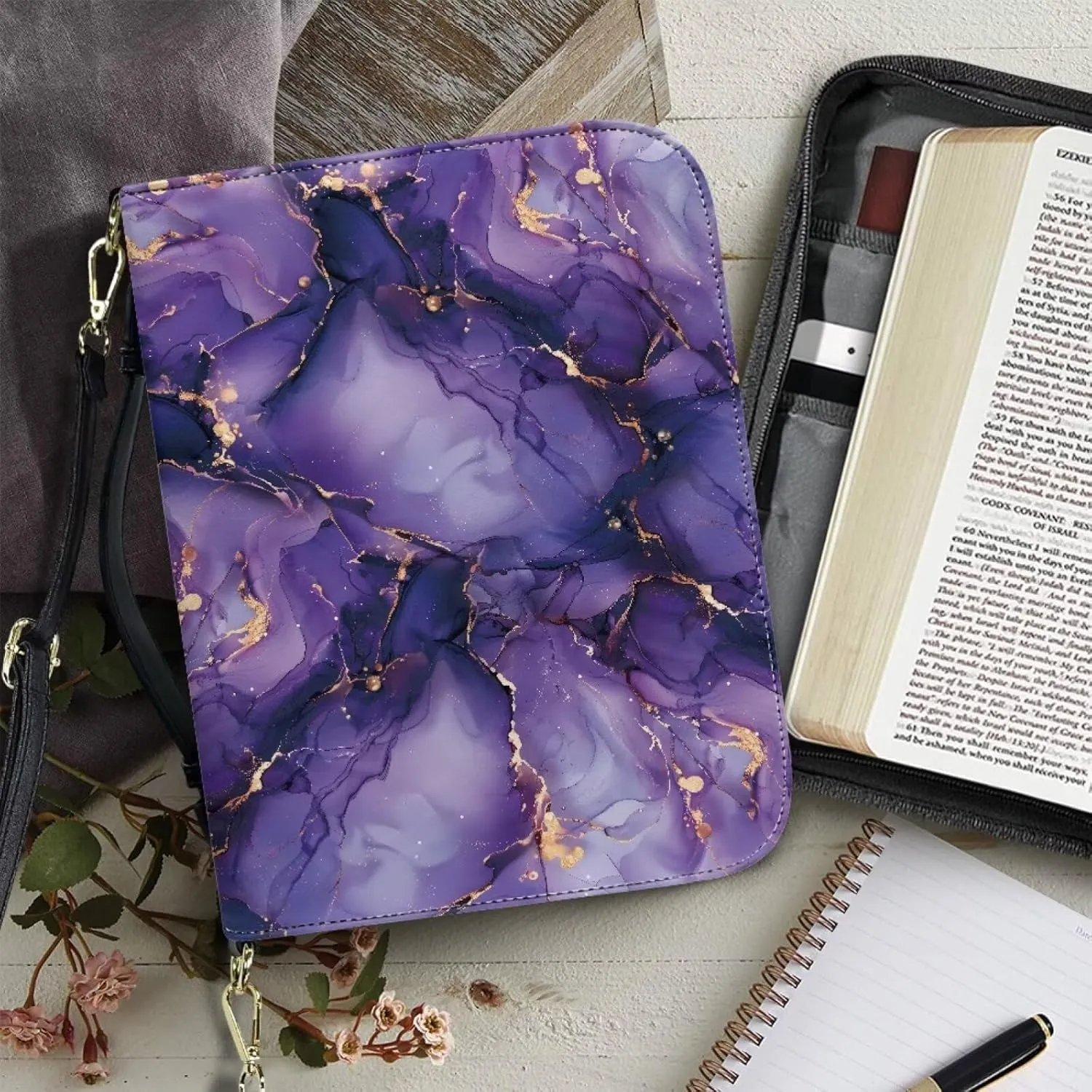 Bible Cover for Women Bible Carrying Bag, PU Leather Bible Tote Bags Scripture Bag Church Bag Bible Protective with Detachable Shoulder Strap,Purple Marble,L
