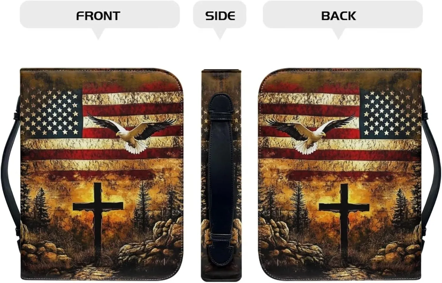 Bible Tote Cover for Men, Church Bag Bible Protective with Zippered Pocket, Waterproof Leather Bible Case for Worships,American Flag Cross Dove,XL