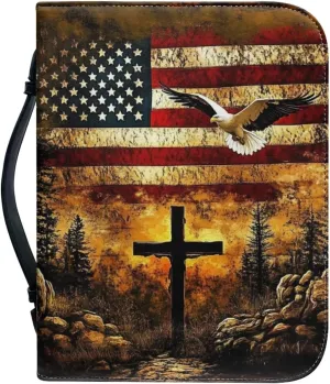 Bible Tote Cover for Men, Church Bag Bible Protective with Zippered Pocket, Waterproof Leather Bible Case for Worships,American Flag Cross Dove,XL