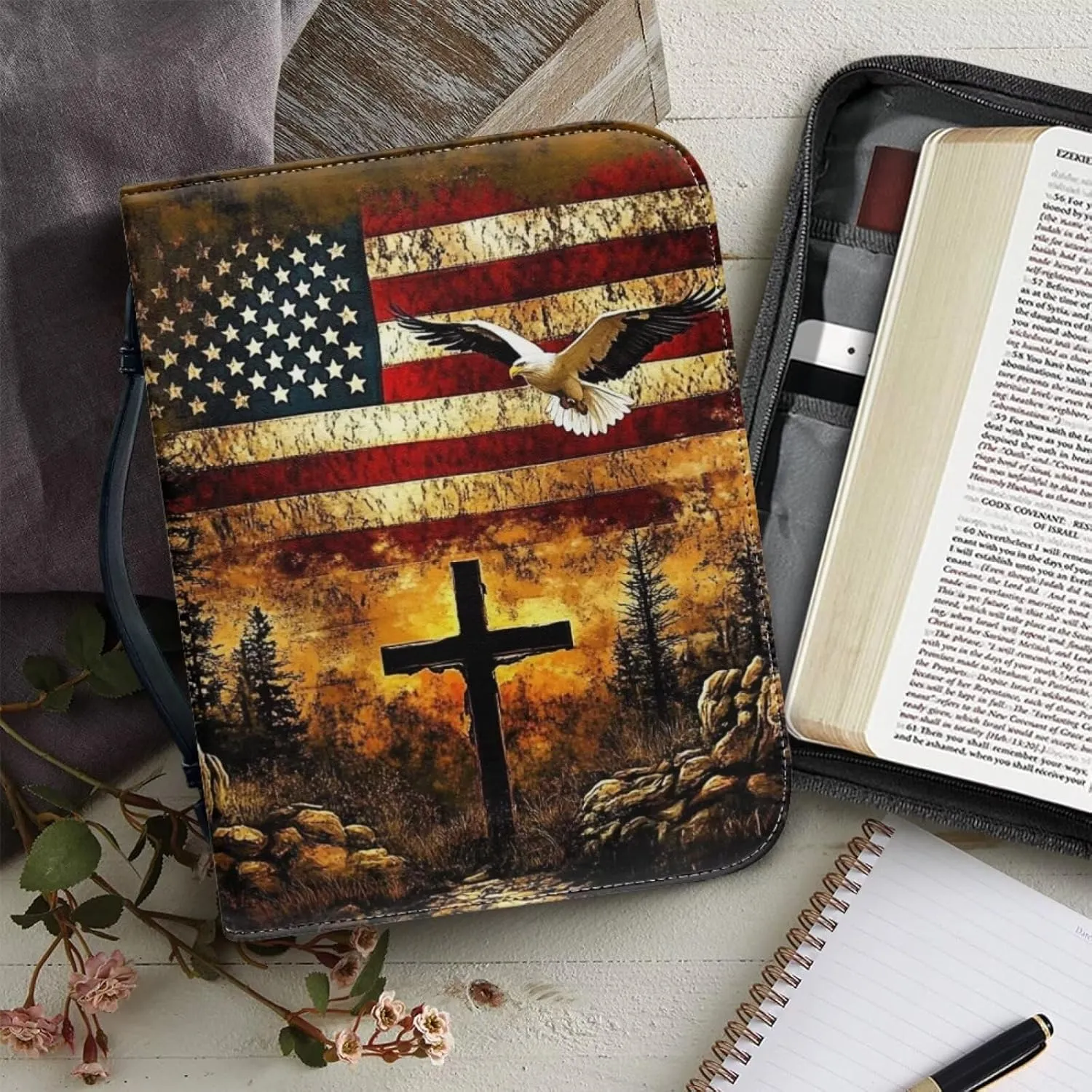 Bible Tote Cover for Men, Church Bag Bible Protective with Zippered Pocket, Waterproof Leather Bible Case for Worships,American Flag Cross Dove,XL