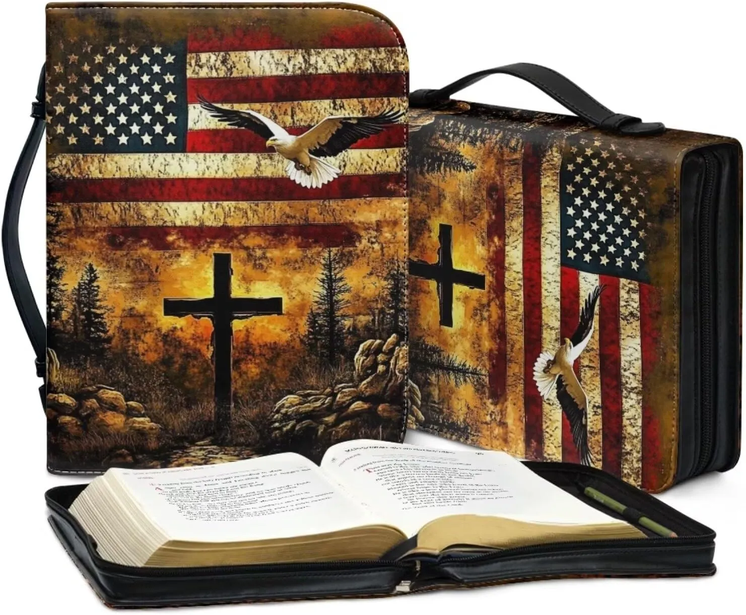 Bible Tote Cover for Men, Church Bag Bible Protective with Zippered Pocket, Waterproof Leather Bible Case for Worships,American Flag Cross Dove,XL