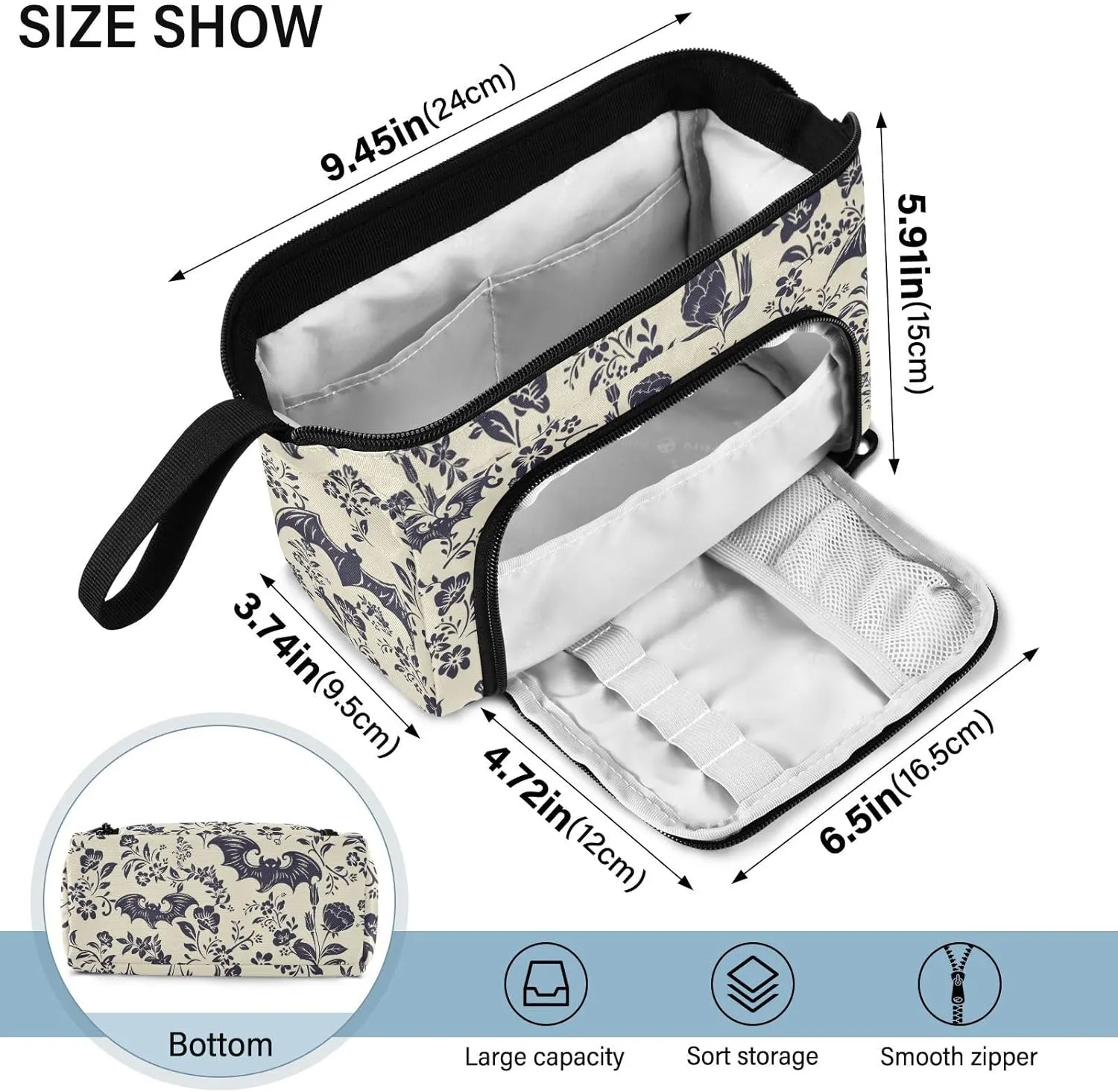 Big Capacity Pencil Pen Case for Adults, Goth Bats Pencil Bags Portable Makeup Bag Stationery Storage for Men Women College Office