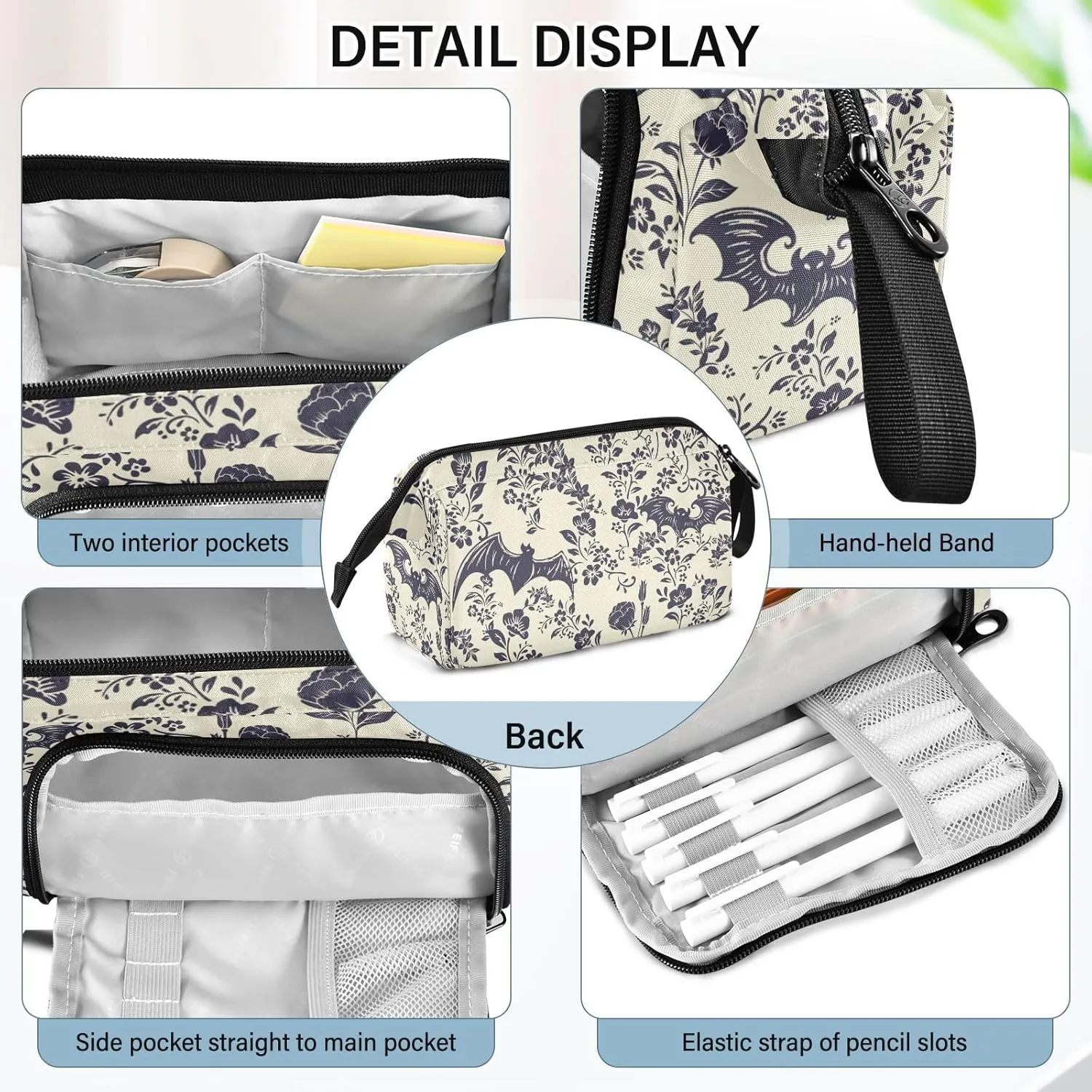 Big Capacity Pencil Pen Case for Adults, Goth Bats Pencil Bags Portable Makeup Bag Stationery Storage for Men Women College Office