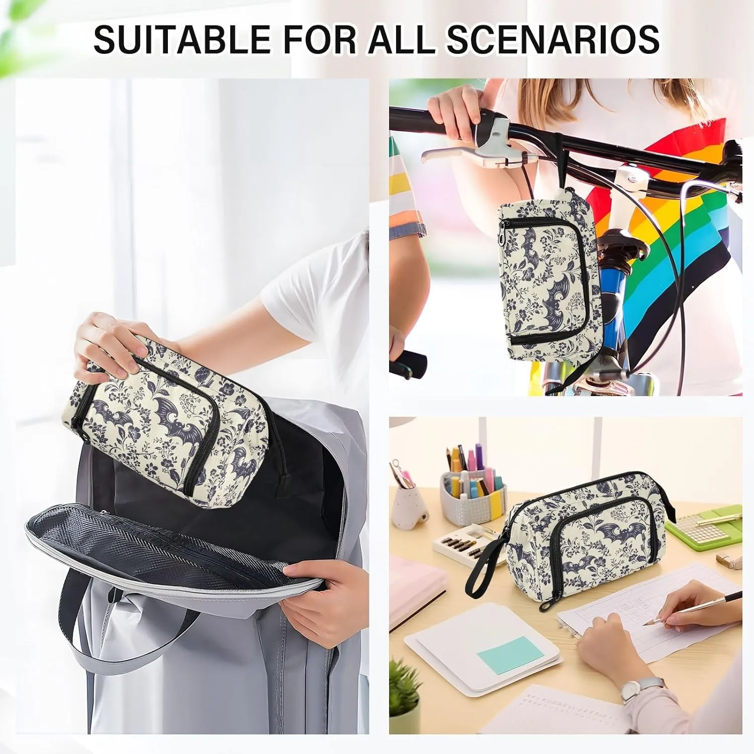 Big Capacity Pencil Pen Case for Adults, Goth Bats Pencil Bags Portable Makeup Bag Stationery Storage for Men Women College Office