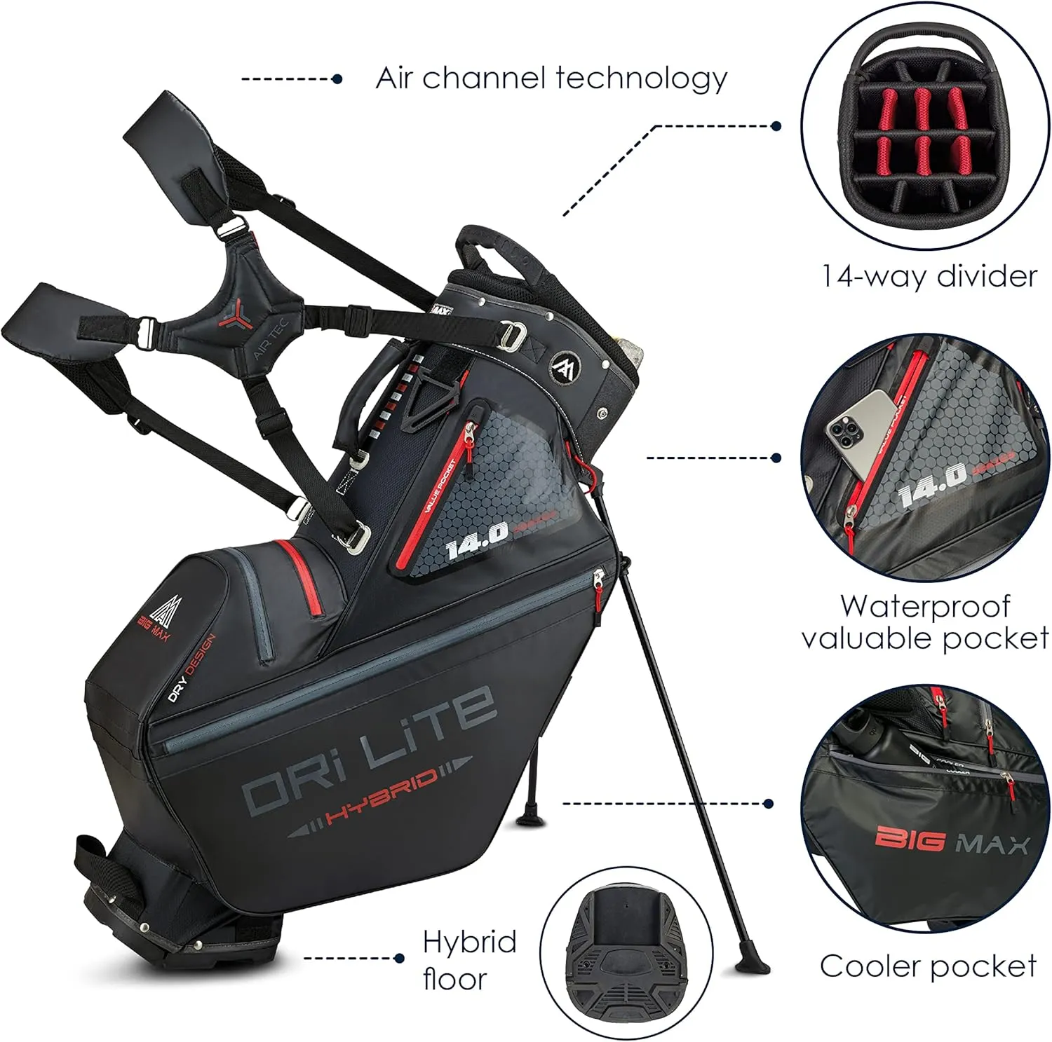Big Max Dri Lite Hybrid Tour Stand Bag - Water-Repellent, Ultra-Lightweight & Push Cart-Compatible Golf Bag with 14-Way Divider Top with Ample Storage for Golf Accessories