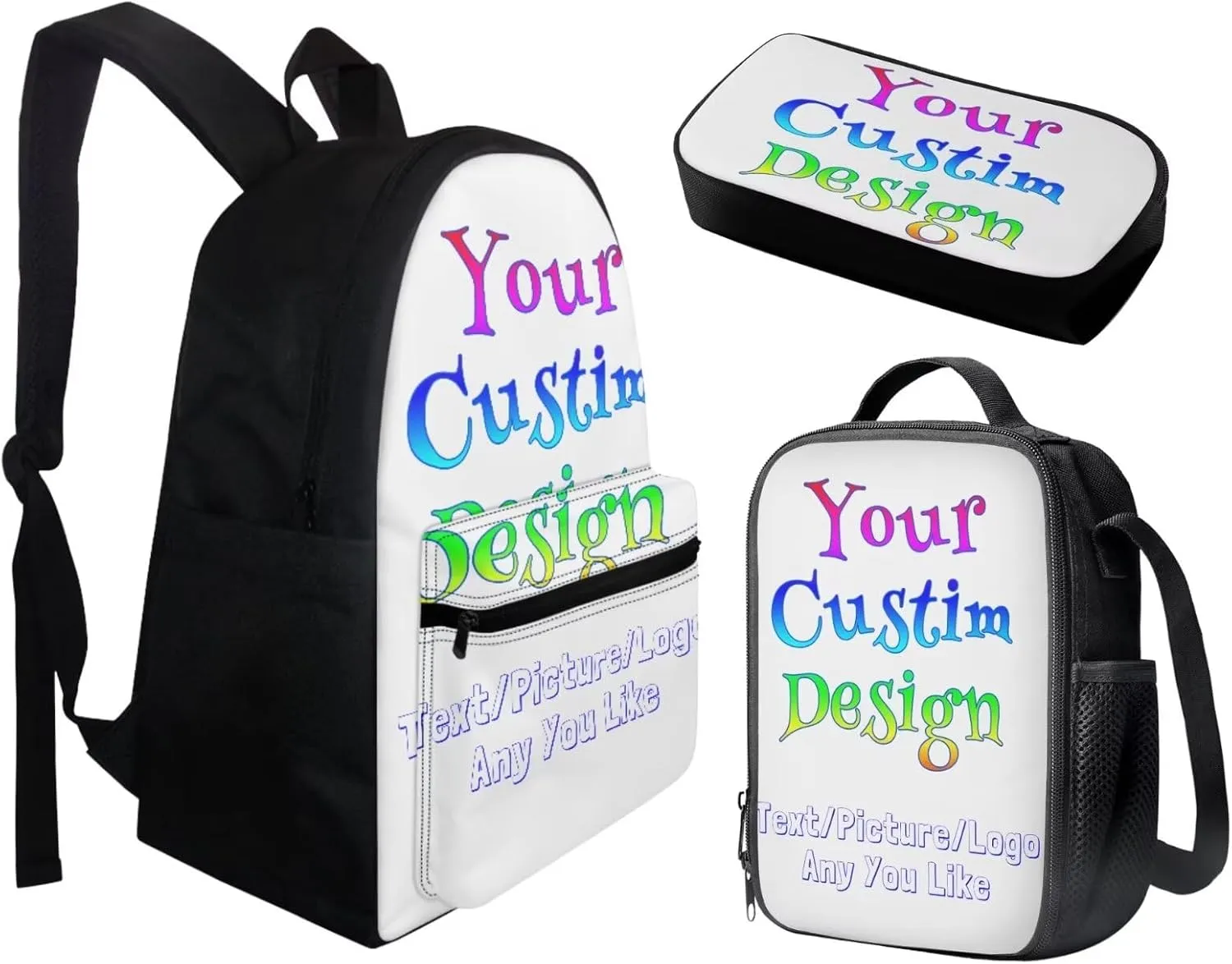 BIGCARJOB Custom Design Backpack Kids Schoolbags Set with Insulated Lunch Box Pencil Case Set of 3 Pcs Novelty Personalized School Bookbags Boys Girls Rucksack Travel Bags