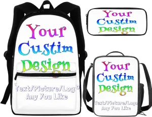 BIGCARJOB Custom Design Backpack Kids Schoolbags Set with Insulated Lunch Box Pencil Case Set of 3 Pcs Novelty Personalized School Bookbags Boys Girls Rucksack Travel Bags
