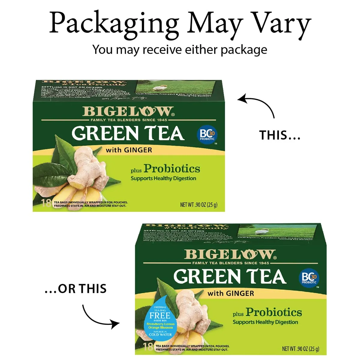 Bigelow Tea Green Tea with Ginger Plus Probiotics, Caffeinated Tea with Ginger, 18 Count Box, (Pack of 6), 108 Total Tea Bags