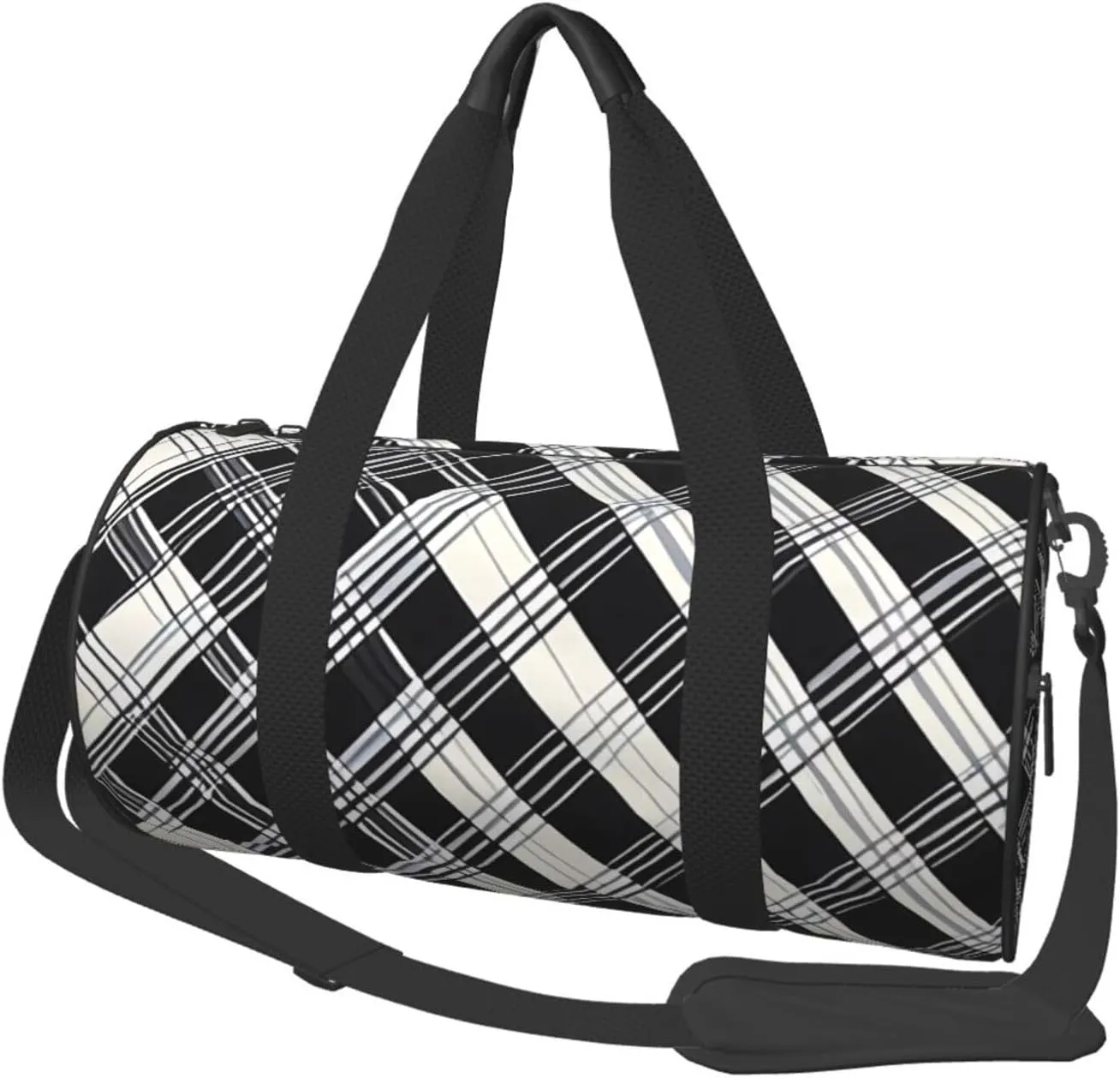 Black and white plaid Printed Travel Bag,Round Personal Item Storage bag,Foldie Duffel Bag for Traveling Vacation,Fitness,Sports