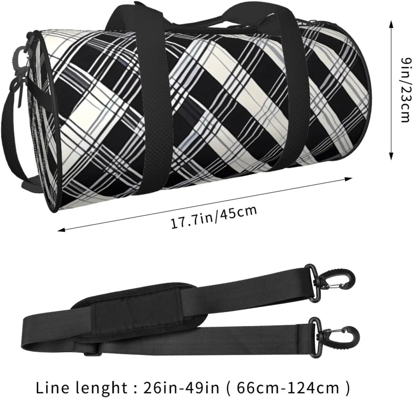 Black and white plaid Printed Travel Bag,Round Personal Item Storage bag,Foldie Duffel Bag for Traveling Vacation,Fitness,Sports