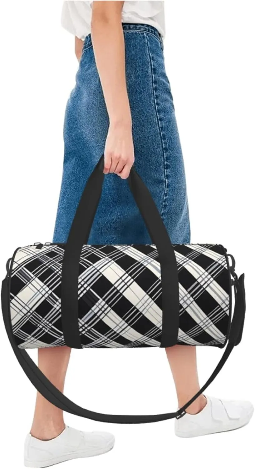 Black and white plaid Printed Travel Bag,Round Personal Item Storage bag,Foldie Duffel Bag for Traveling Vacation,Fitness,Sports