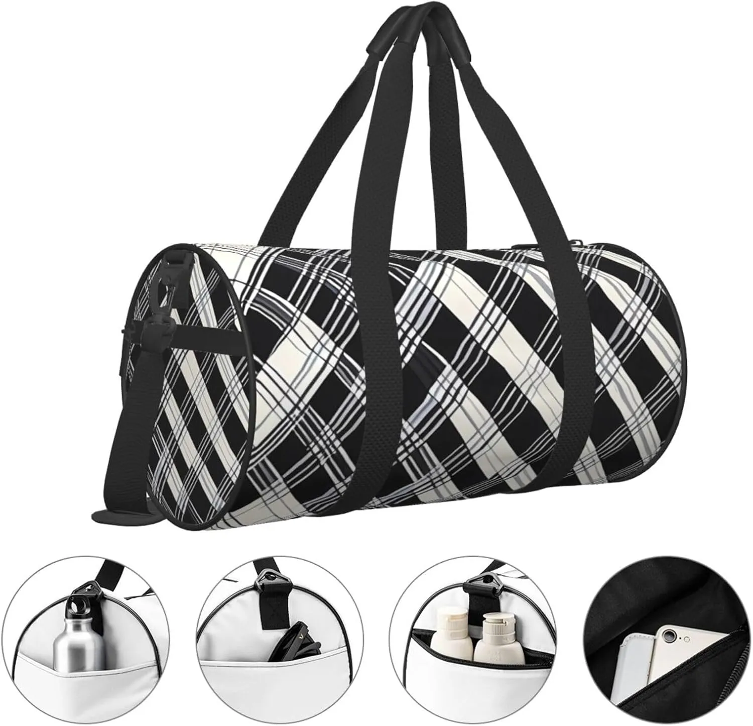 Black and white plaid Printed Travel Bag,Round Personal Item Storage bag,Foldie Duffel Bag for Traveling Vacation,Fitness,Sports