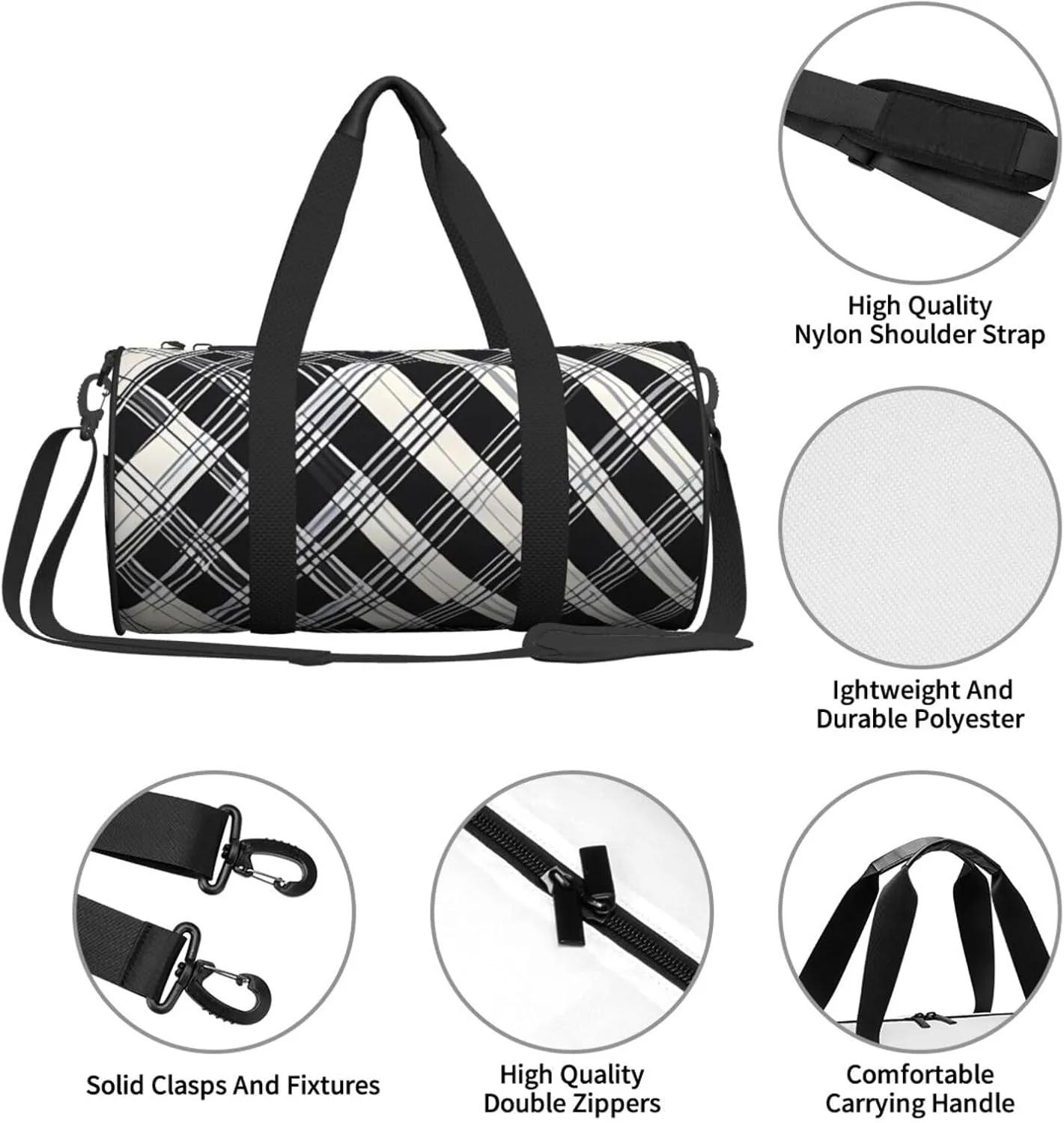 Black and white plaid Printed Travel Bag,Round Personal Item Storage bag,Foldie Duffel Bag for Traveling Vacation,Fitness,Sports