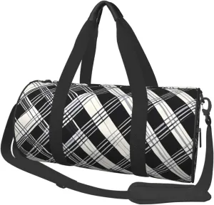 Black and white plaid Printed Travel Bag,Round Personal Item Storage bag,Foldie Duffel Bag for Traveling Vacation,Fitness,Sports
