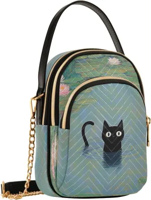 Black Cat Lotus Pond Crossbody Bag for Women Shoulder Handbag Ladies Purse Cell Phone Tote Bags