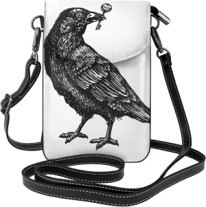 Black Crow Raven Bird Women Cell Phone Purse Small Crossbody Bag Leather Shoulder Bag Card Holder Wallet