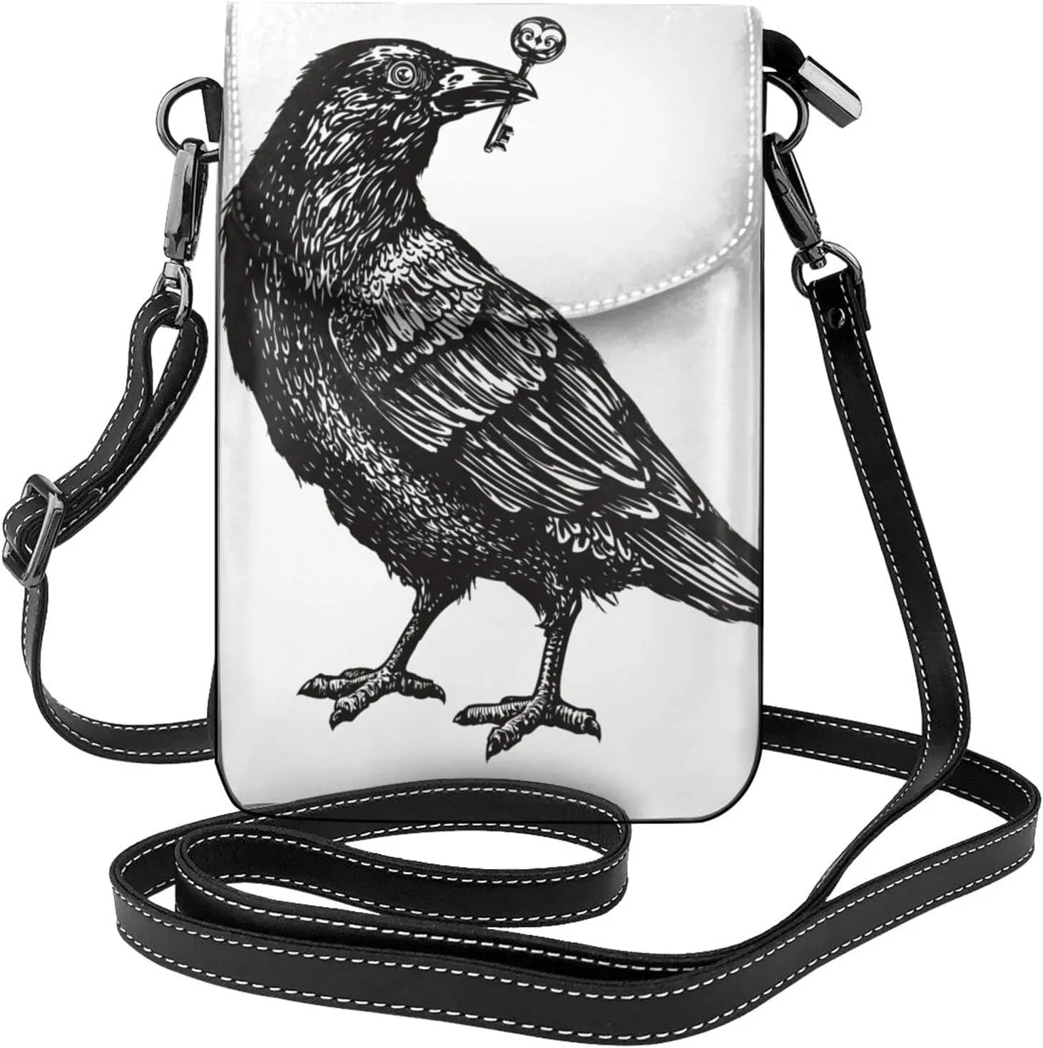 Black Crow Raven Bird Women Cell Phone Purse Small Crossbody Bag Leather Shoulder Bag Card Holder Wallet