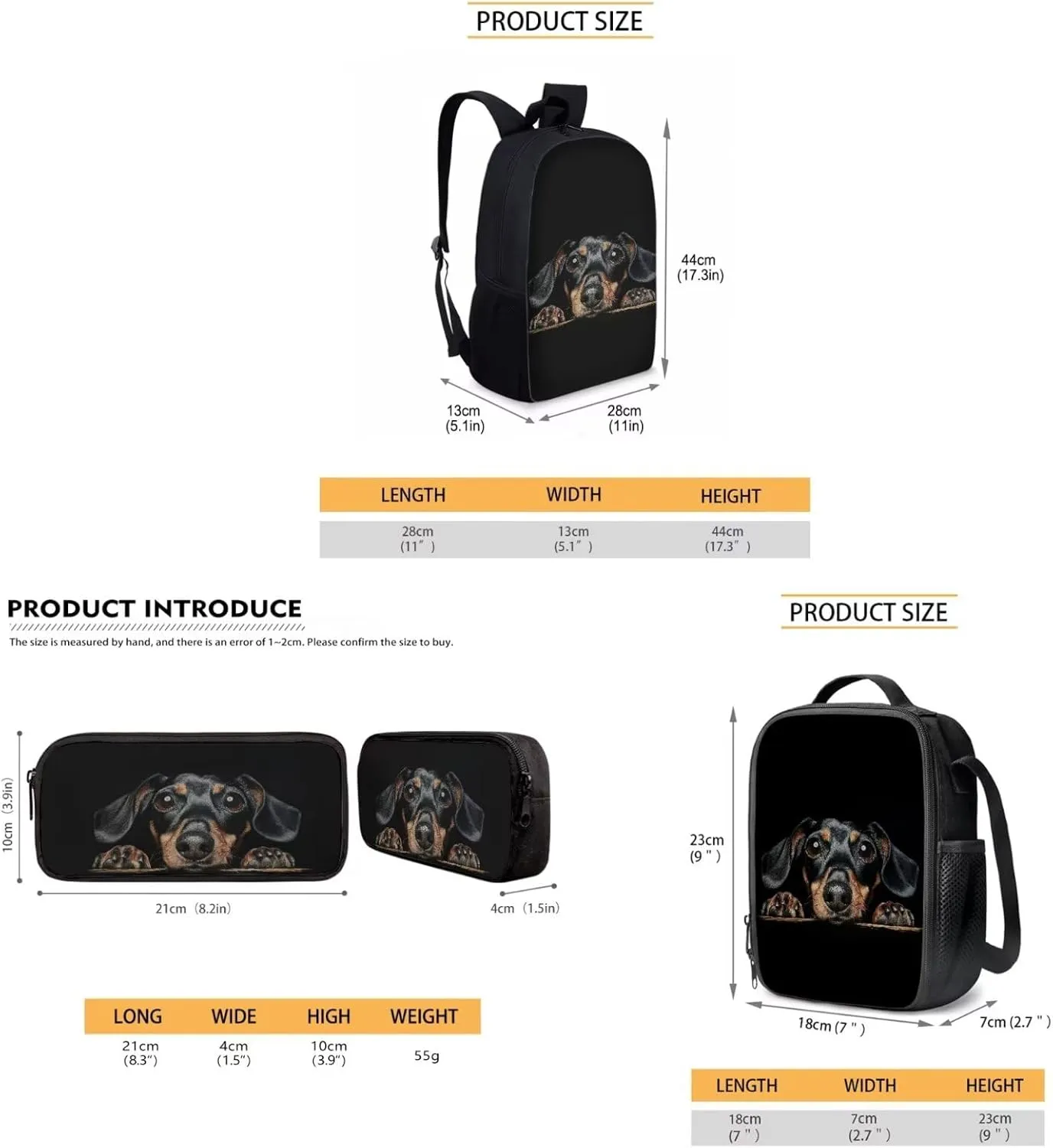 Black Dog Kids Backpack Set with Lunch Box and Pencil Case 3 Piece School Book Bags