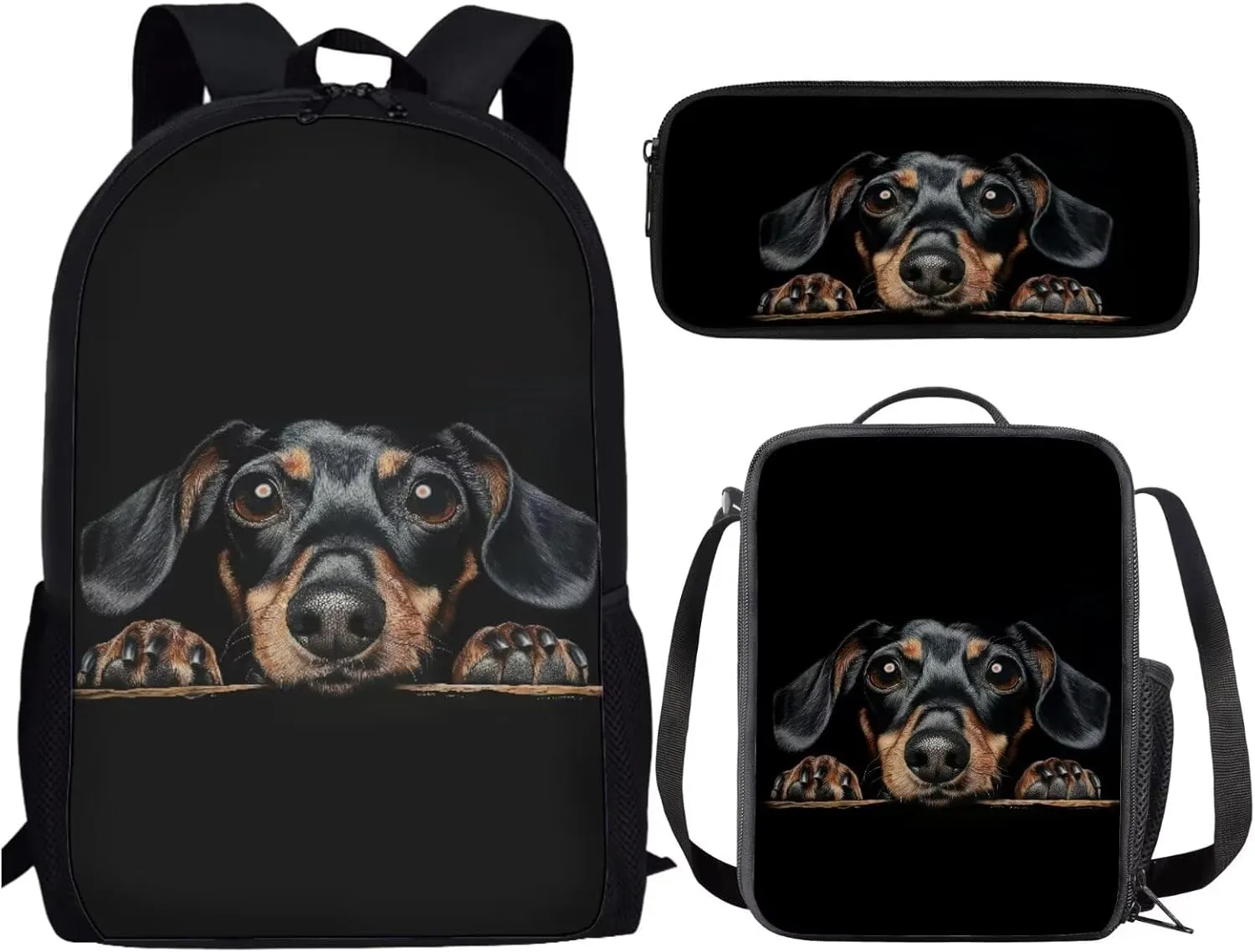 Black Dog Kids Backpack Set with Lunch Box and Pencil Case 3 Piece School Book Bags