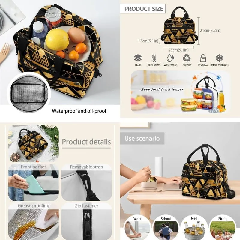 Black Gold Geometry 3Pcs Backpack with Insulated Lunch Bag Pencil Box Modern Minimalist Art Elementary Students Bookbag Triangle Lines Stripes Large Capacity Backpack Set
