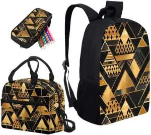 Black Gold Geometry 3Pcs Backpack with Insulated Lunch Bag Pencil Box Modern Minimalist Art Elementary Students Bookbag Triangle Lines Stripes Large Capacity Backpack Set