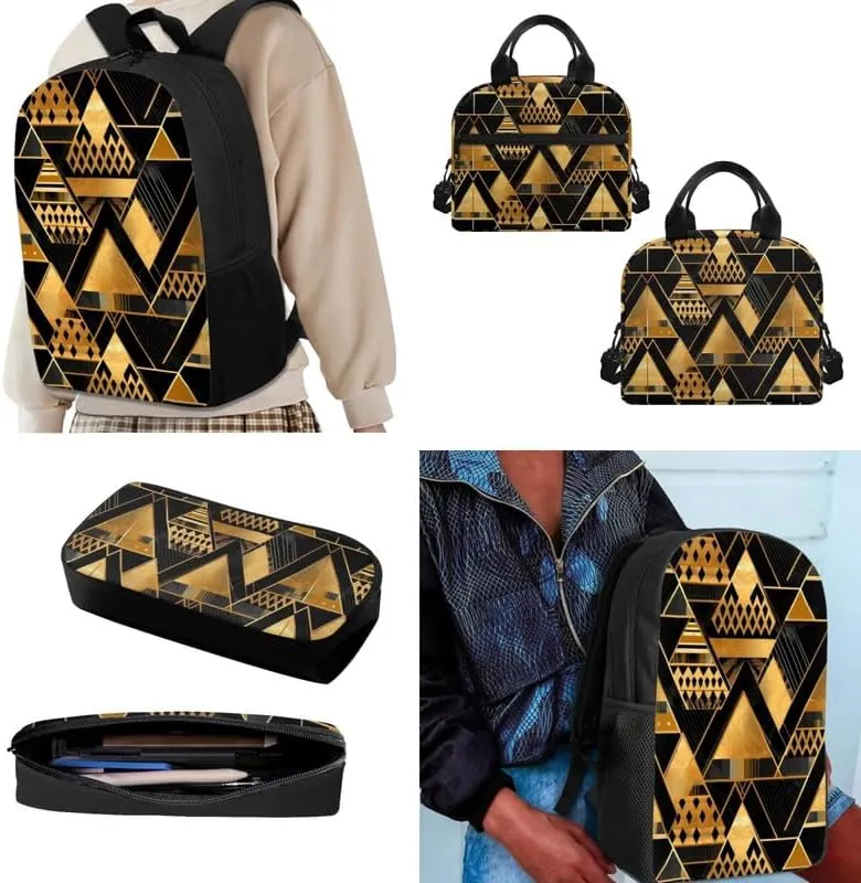 Black Gold Geometry 3Pcs Backpack with Insulated Lunch Bag Pencil Box Modern Minimalist Art Elementary Students Bookbag Triangle Lines Stripes Large Capacity Backpack Set