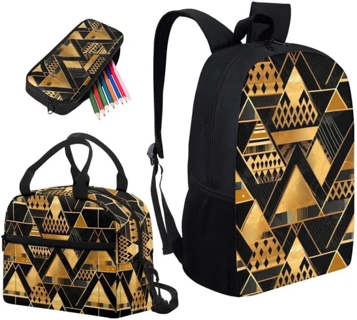 Black Gold Geometry 3Pcs Backpack with Insulated Lunch Bag Pencil Box Modern Minimalist Art Elementary Students Bookbag Triangle Lines Stripes Large Capacity Backpack Set