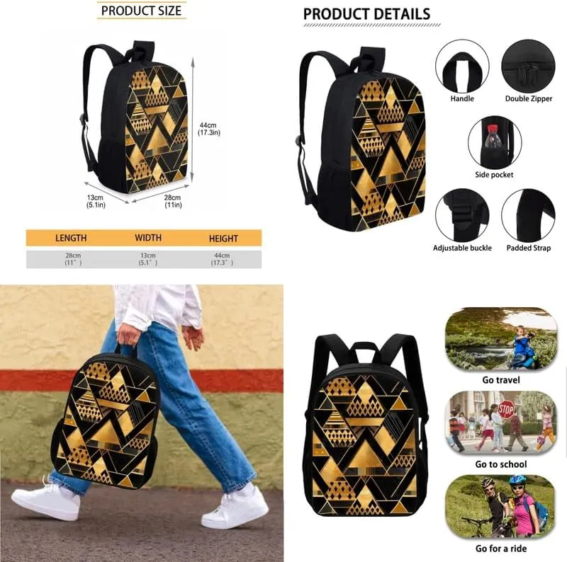 Black Gold Geometry 3Pcs Backpack with Insulated Lunch Bag Pencil Box Modern Minimalist Art Elementary Students Bookbag Triangle Lines Stripes Large Capacity Backpack Set