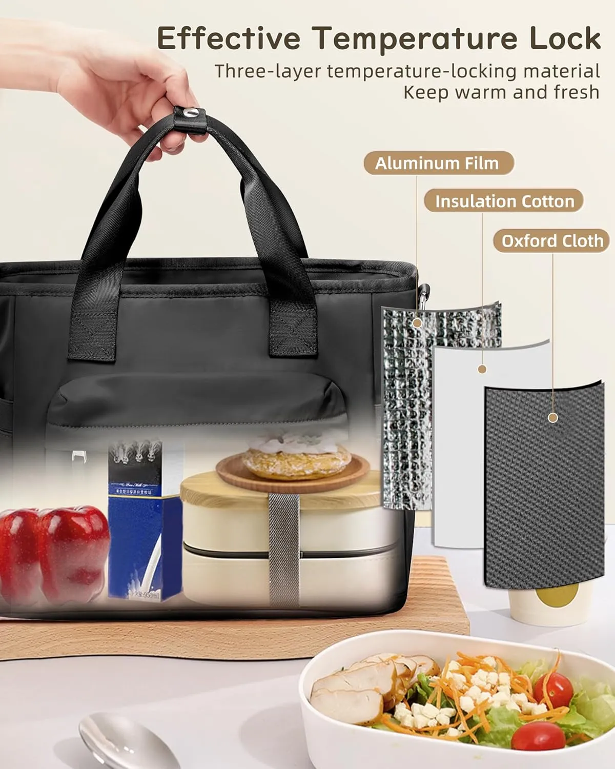 Black Lunch Box For Women Men Lunch Bag Women Insulated Lunch Bag Large Lunch Tote Bags For Work Reusable Cute Lunch Bags Waterproof Leakproof Cooler Bag Lunchbox For Adults With Shoulder Strap