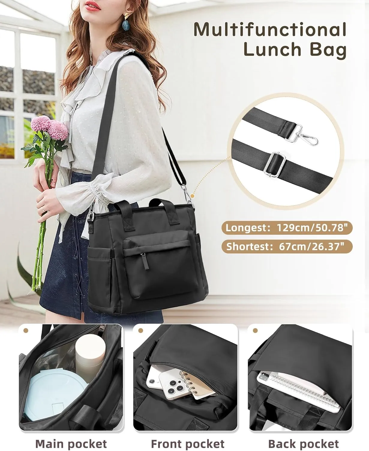 Black Lunch Box For Women Men Lunch Bag Women Insulated Lunch Bag Large Lunch Tote Bags For Work Reusable Cute Lunch Bags Waterproof Leakproof Cooler Bag Lunchbox For Adults With Shoulder Strap