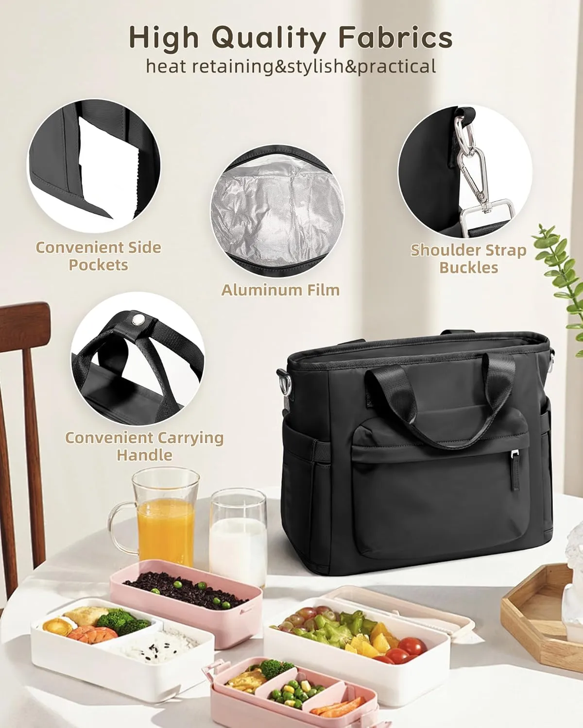 Black Lunch Box For Women Men Lunch Bag Women Insulated Lunch Bag Large Lunch Tote Bags For Work Reusable Cute Lunch Bags Waterproof Leakproof Cooler Bag Lunchbox For Adults With Shoulder Strap