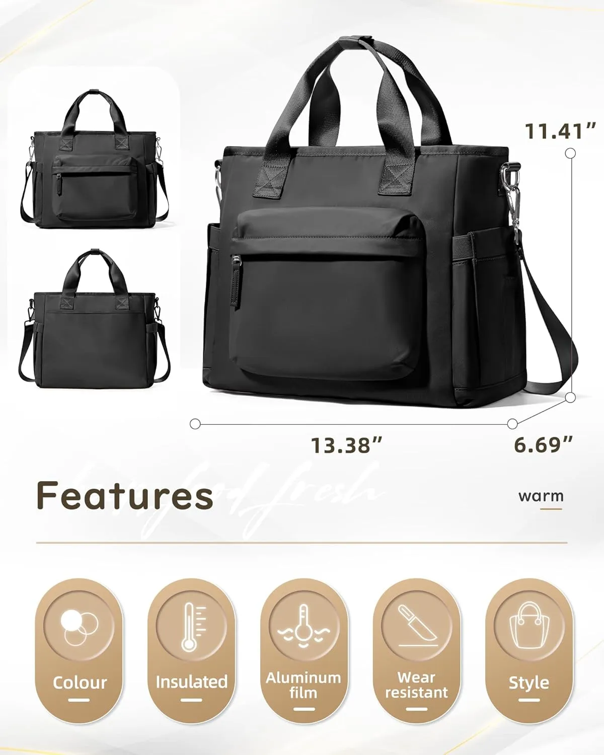 Black Lunch Box For Women Men Lunch Bag Women Insulated Lunch Bag Large Lunch Tote Bags For Work Reusable Cute Lunch Bags Waterproof Leakproof Cooler Bag Lunchbox For Adults With Shoulder Strap
