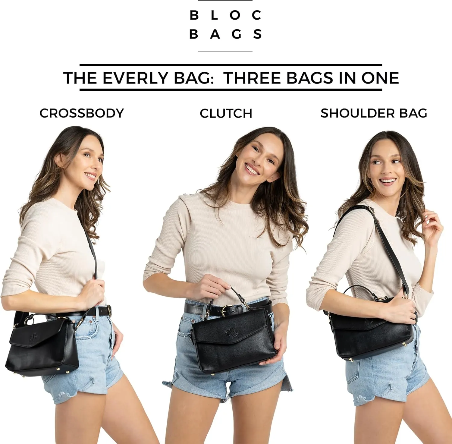 BLOC Shoulder Bag, Top Handle Purse, and Crossbody Bag for Women Designer 3 in 1 Handbag Triple Pocket with Detachable Strap