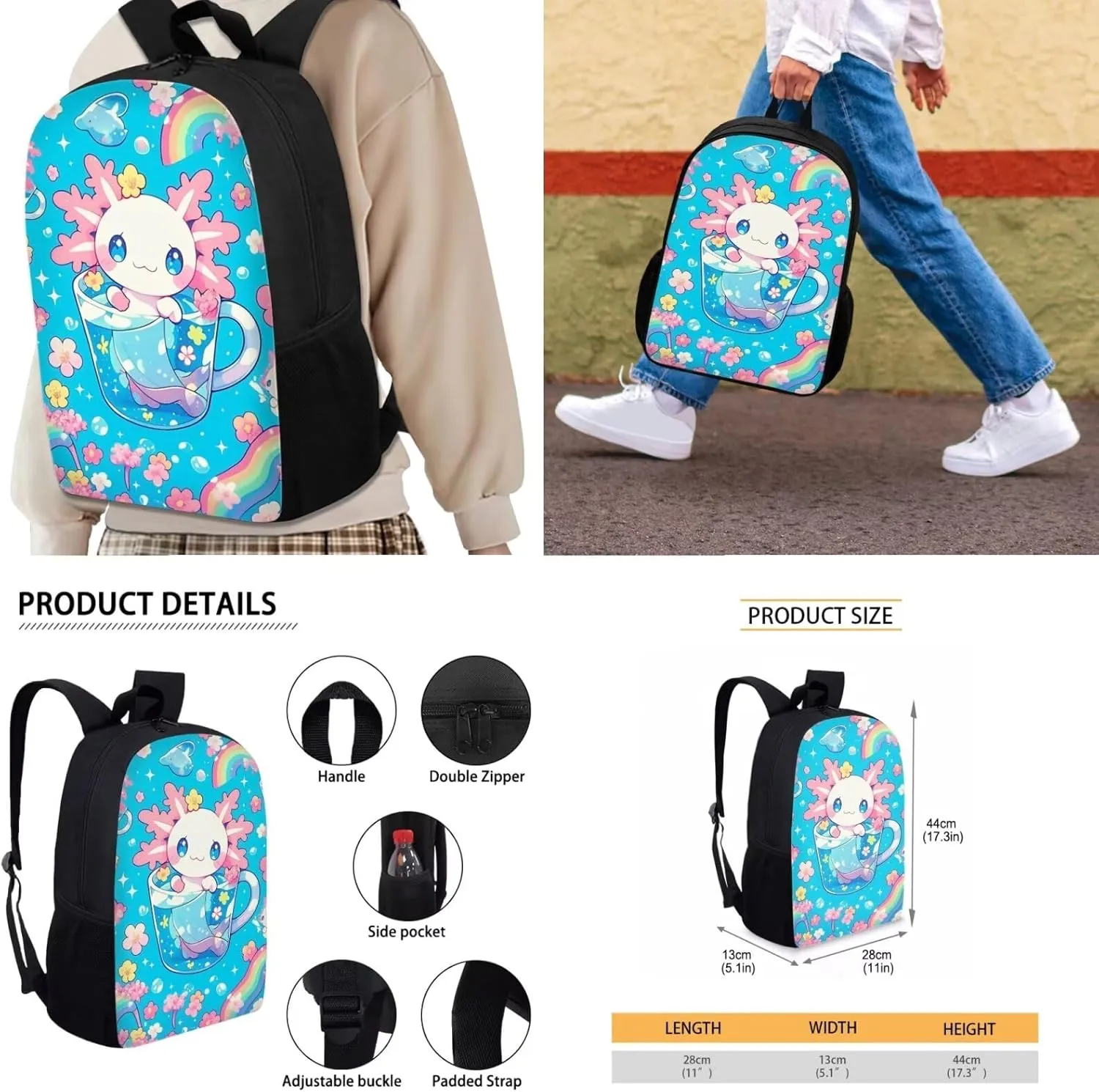 Blue Axolotl Girls Backpack with Lunch Box for Kids Age 8-10 4 in 1 Elementry School Book Bags 4th Grade with Pen Box Lunch Bag Set Cute Children School Bag and Cooler Bags