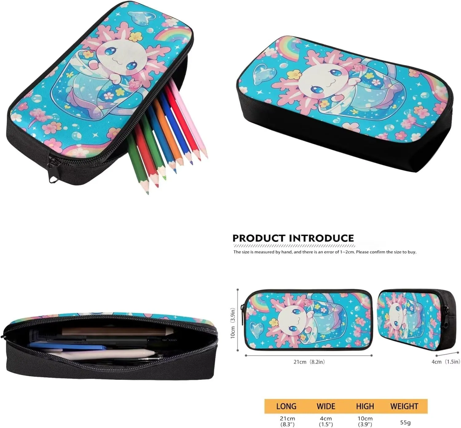 Blue Axolotl Girls Backpack with Lunch Box for Kids Age 8-10 4 in 1 Elementry School Book Bags 4th Grade with Pen Box Lunch Bag Set Cute Children School Bag and Cooler Bags