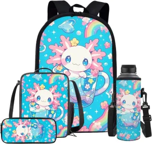 Blue Axolotl Girls Backpack with Lunch Box for Kids Age 8-10 4 in 1 Elementry School Book Bags 4th Grade with Pen Box Lunch Bag Set Cute Children School Bag and Cooler Bags