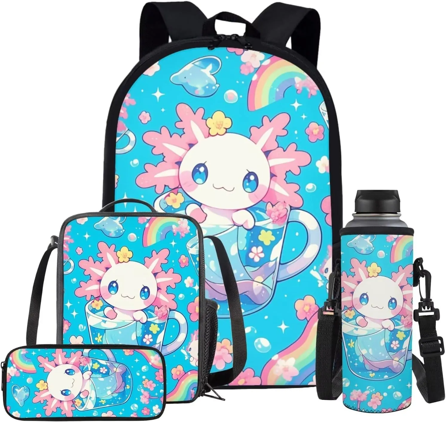 Blue Axolotl Girls Backpack with Lunch Box for Kids Age 8-10 4 in 1 Elementry School Book Bags 4th Grade with Pen Box Lunch Bag Set Cute Children School Bag and Cooler Bags