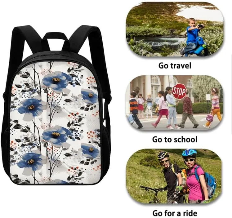 Blue Ink Splash Flower 17" Kids Bookbag with Lunch Box Retro Abstract Daisy School Bag for Preschool Toddler Hand Drawn Floral Large Capacity Backpack Set