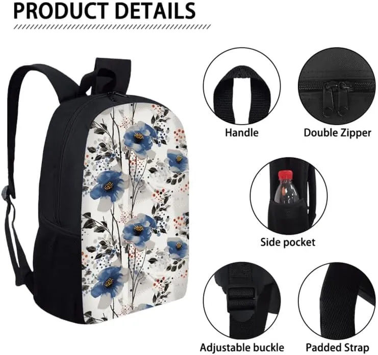 Blue Ink Splash Flower 17" Kids Bookbag with Lunch Box Retro Abstract Daisy School Bag for Preschool Toddler Hand Drawn Floral Large Capacity Backpack Set