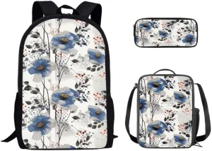 Blue Ink Splash Flower 17" Kids Bookbag with Lunch Box Retro Abstract Daisy School Bag for Preschool Toddler Hand Drawn Floral Large Capacity Backpack Set