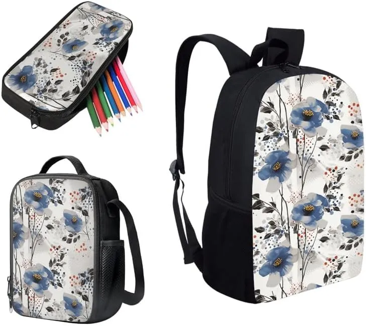 Blue Ink Splash Flower 17" Kids Bookbag with Lunch Box Retro Abstract Daisy School Bag for Preschool Toddler Hand Drawn Floral Large Capacity Backpack Set