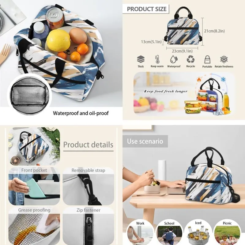 Blue White Marble Kids Backpack School Set Nordic Style Elementary Students Bookbag Marble Abstract Lines 17 Inch Bookbag Set with Insulated Lunch Box Pencil Case