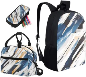 Blue White Marble Kids Backpack School Set Nordic Style Elementary Students Bookbag Marble Abstract Lines 17 Inch Bookbag Set with Insulated Lunch Box Pencil Case