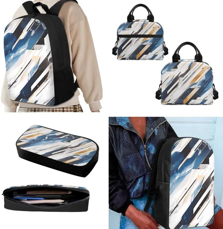 Blue White Marble Kids Backpack School Set Nordic Style Elementary Students Bookbag Marble Abstract Lines 17 Inch Bookbag Set with Insulated Lunch Box Pencil Case