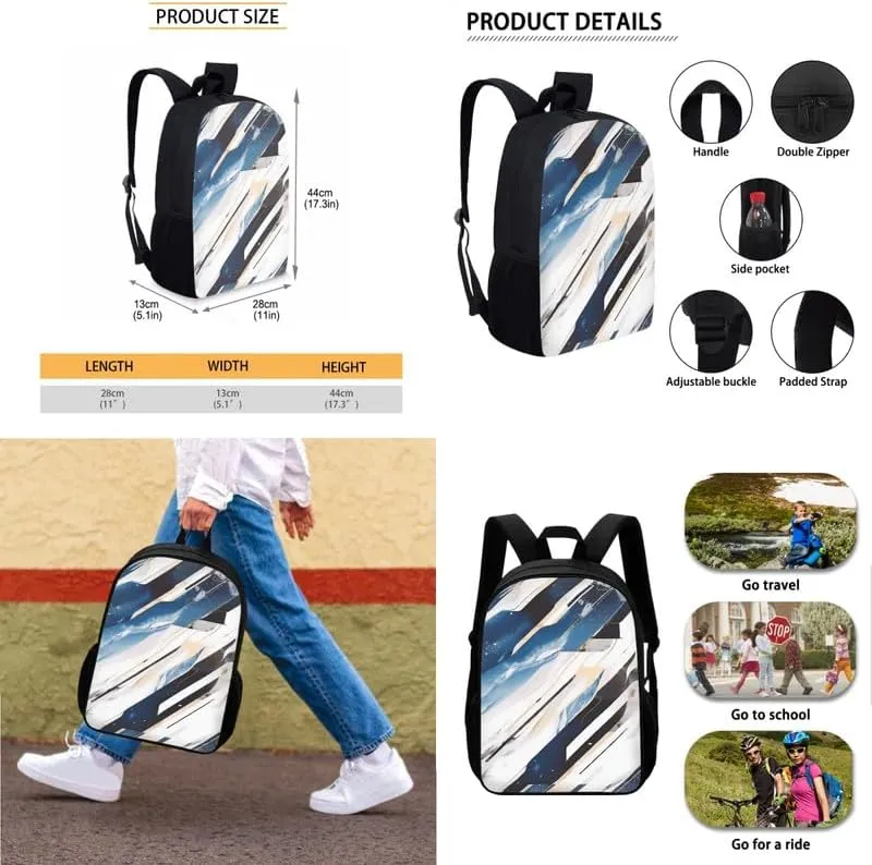 Blue White Marble Kids Backpack School Set Nordic Style Elementary Students Bookbag Marble Abstract Lines 17 Inch Bookbag Set with Insulated Lunch Box Pencil Case