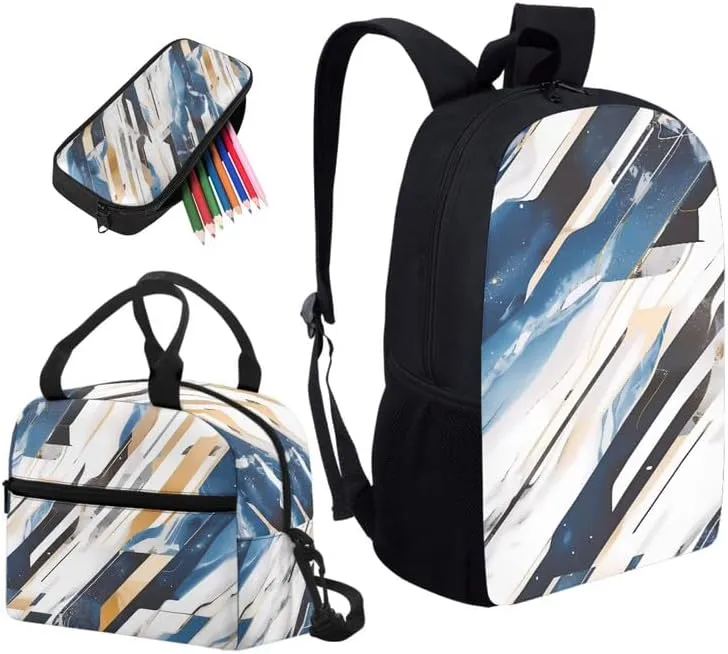 Blue White Marble Kids Backpack School Set Nordic Style Elementary Students Bookbag Marble Abstract Lines 17 Inch Bookbag Set with Insulated Lunch Box Pencil Case
