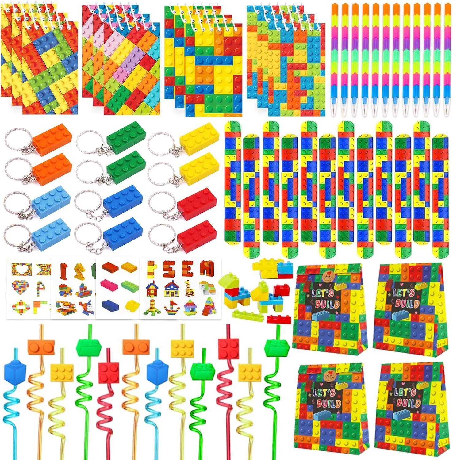 Bluegogo 96 Pcs Building Block Birthday Party Favors for Kids Include Mini Notebook Pens Straws Keychains Erasers Wristbands Stickers Bags for Building Blocks Birthday Party Supplies